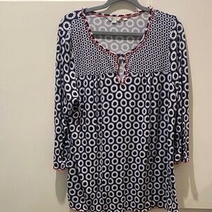 Boden Navy and White Patterned Top with small Pom Poms Size 12/Large